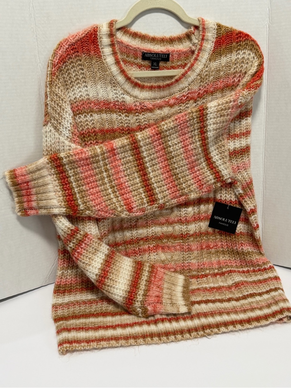 Absolutely Famous Multicolor Striped Crewneck Sweater in Coral, Cream & Tan